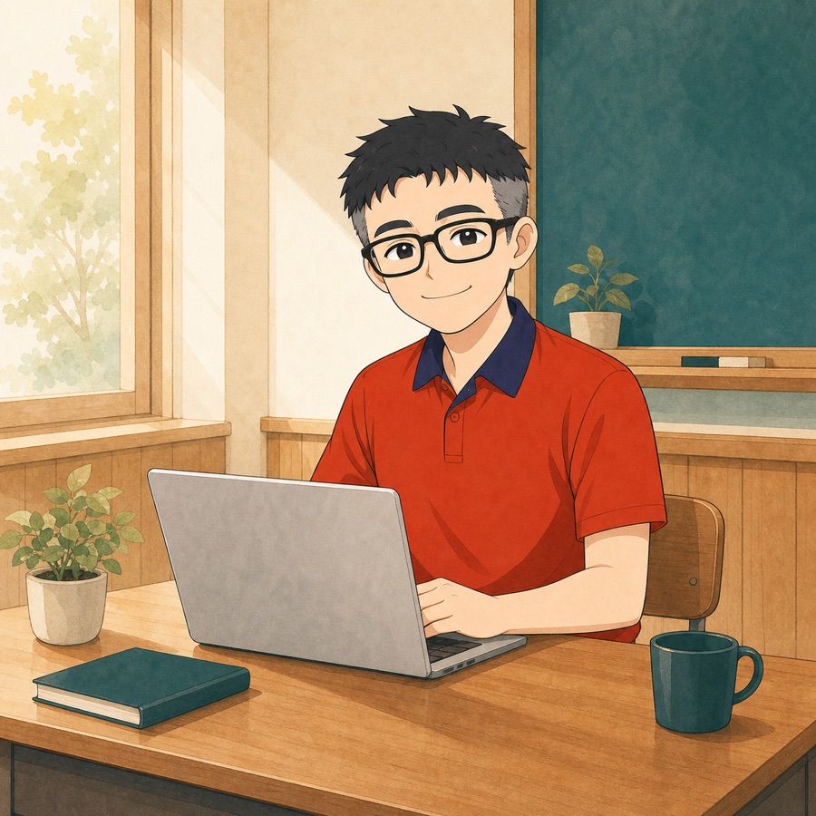 夢進堂代表キャッツのキャラクターイラスト。朝の光が差す教室で、黒縁メガネと赤いポロシャツ姿でノートPCを開き微笑んでいる